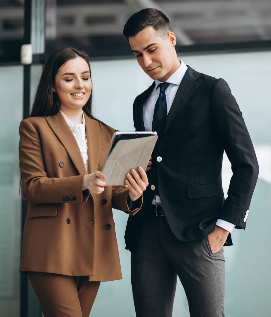 male female business people working tablet office