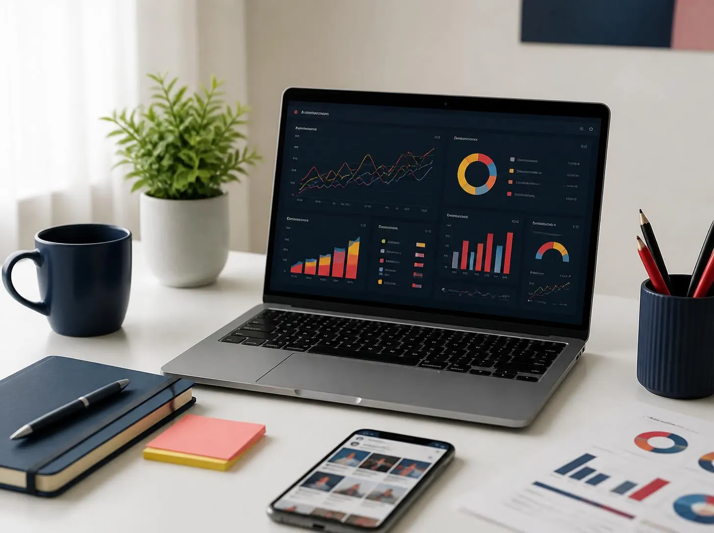 Digital marketing workspace with analytics dashboard